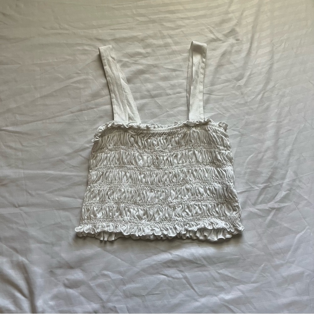 American Eagle Outfitters Cream Smocked Ruffled Tank Top